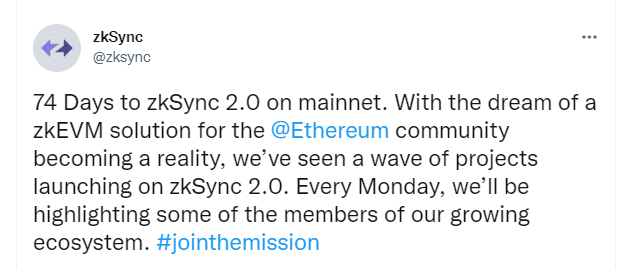 zkSync生态官方推荐的项目交互
1、MESprotocol，基于订单簿的 DEX 
2、1kxprotocol，2.0 测试网上永续合约交易协议
3、MintSquareNFT，ZKSYNC上的NFT 交易市场
4、RandomizerAi， 带来了低成本的智能合约随机数生成
5、MultichainOrg，跨链桥，已经发币 https://t.co/8hkuC9vRxl
