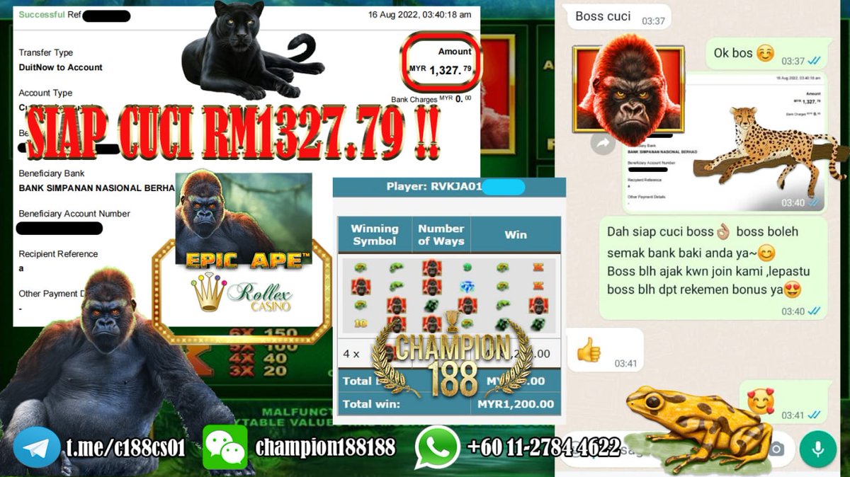 CHAMPION1884's tweet photo. CHAMPION188 MALAYSIA ONLINE CASINO

PLAYTECH GAME ONG CUCI 😍😍SLOT EPIC APE dlm ROLLEX CASINO kasi member SIAP CUCI RM1327.79 🥳🥳🥳 Join CHAMPION188 mesti tak kecewakan anda 😎 Amoii 24Jam Online servis utk bossku deposit , main dan ONG ONG CUCI 🥰 https://t.co/wPGkrs6aNV