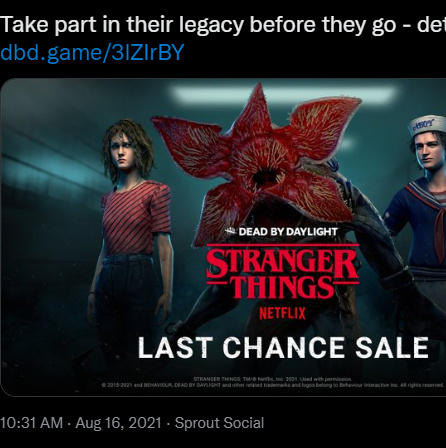 RogueSfm's tweet photo. it has official been one year since the announcement of stranger things leaving dead by daylight
@DeadByBHVR @NetflixGeeked
#DeadbyDaylgiht #StrangerThings #steveharrington #bringstrangerthingsbacktodbd #nancywheeler #demogorgon https://t.co/XUEYjBVqjE