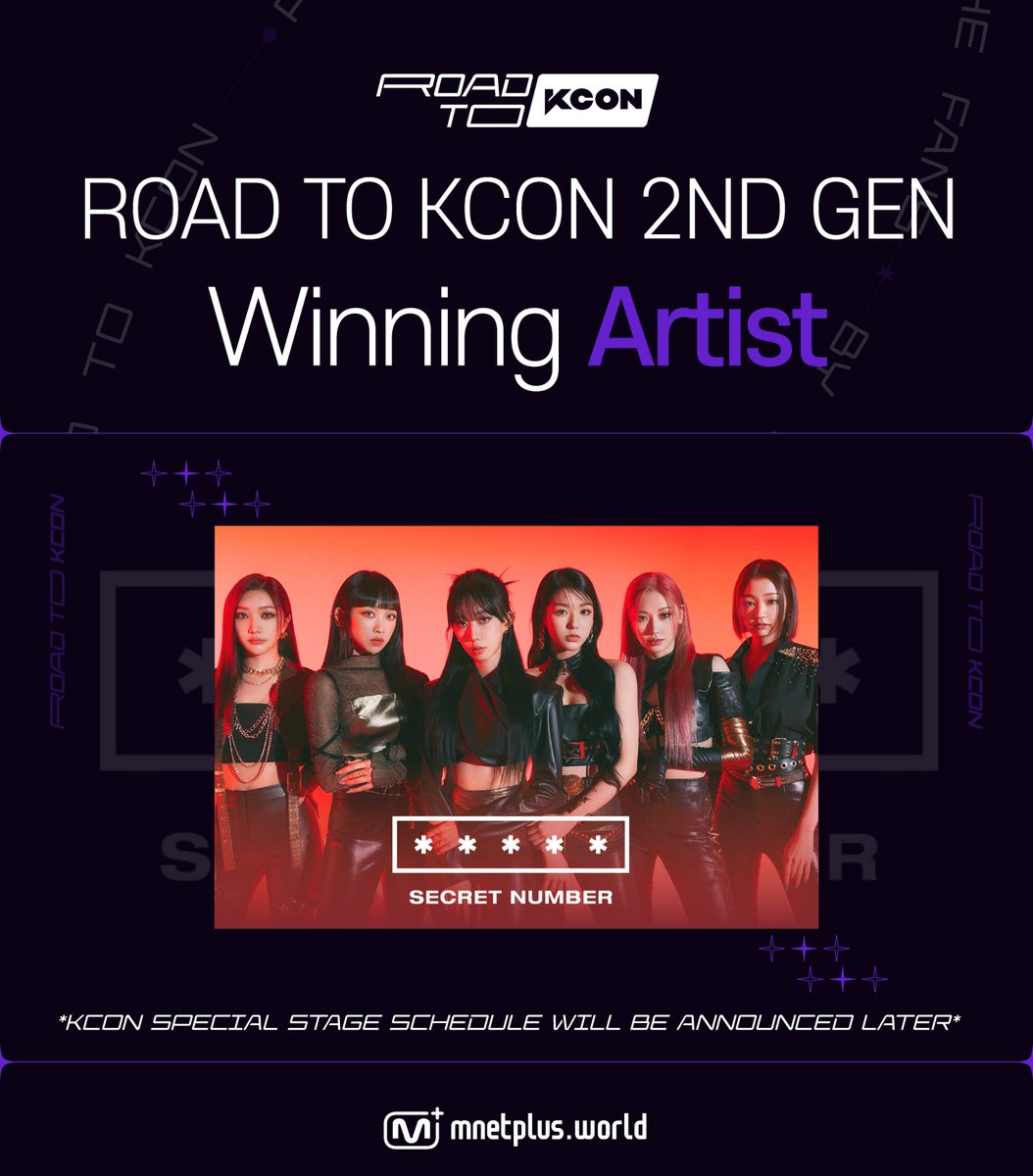 mnetplus's tweet photo. [#ROAD_TO_KCON] @5ecretNumber 
The winner of 2nd GEN of ROAD TO KCON is?
✨#SECRET_NUMBER✨

Congrats and See you on the ROAD TO KCON special stage!🤩

Leave a congratulatory message
in #SECRET_NUMBER community💖
👉https://t.co/9DYlFUo45g

#ROAD_TO_MAX #MnetPlus #엠넷플러스 https://t.co/G2AlDz0CQ1