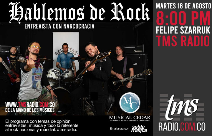 felipeszarruk's tweet photo. Mañana en directo con NARCOCRÁCIA en Hablemos de Rock de TMS Radio, la estación de Cedar Musical. De la mano de los músicos. #TmsRadio #tmsradio #cedarmusical #rockcolombiano #Subterránica https://t.co/QCKCdUb6cf