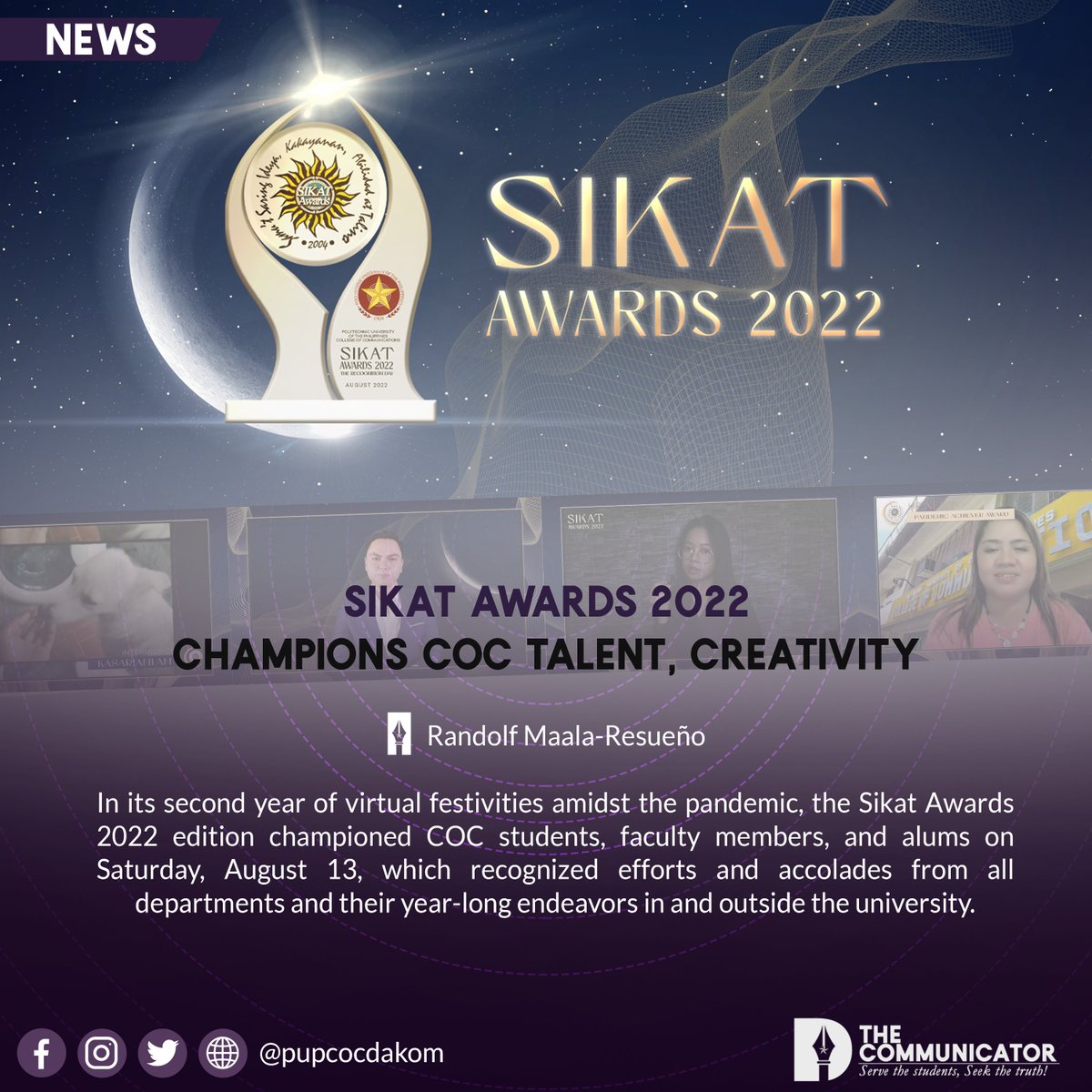 pupcocdakom's tweet photo. NEWS | SIKAT AWARDS 2022 champions COC talent, creativity

Writer: @randolf_dakom
Artist: @lmpnlstr
Read the full article on our Facebook page: https://t.co/8LFMS5FA83 https://t.co/gxhlaE0iR6