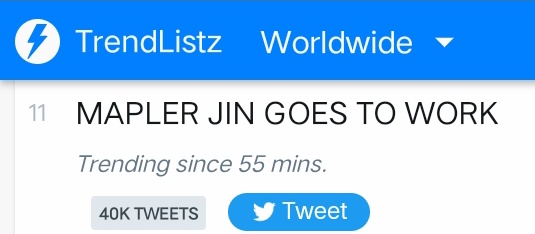 theJINPRlNT's tweet photo. [TREND] MAPLER JIN GOES TO WORK is now trending Worldwide at #11! 

Continue watching and dropping tags! 

🔗: https://t.co/dMhUXoYlGn

#KimSeokjinXMapleStory https://t.co/A5mNO1WXtI
