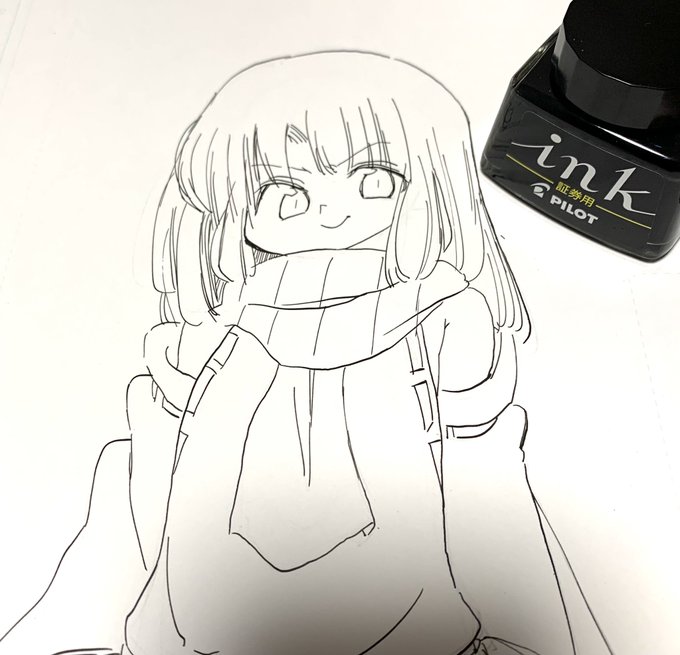 証券用インク、試し描き。インクの伸びは良い感じ?乾きも早くコピックが滲まない。インクの濃度が薄め?なのか消しゴムかけると線が薄まる。今まで使ってたインク(3枚目)の方が濃くて光沢があったけど証券用はそういうのはない。マットな感じに見える。薄いせいなだけかも。 