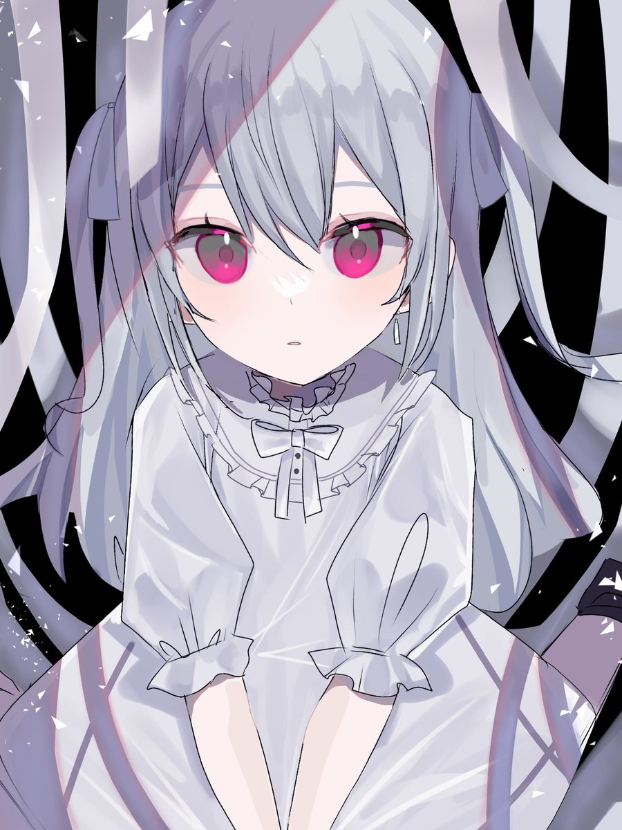 1girl solo dress grey hair white dress long hair looking at viewer  illustration images