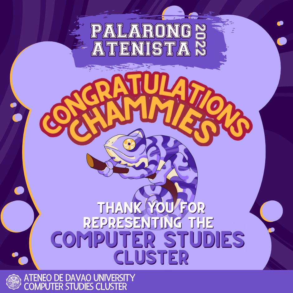 addu_cs's tweet photo. And that’s a wrap for our Palarong Atenista 2022!
To the Chammies that participated this year, a job well done at showing the purple potentials of the Computer Studies cluster! Shout out as well to the Chammies who cheered for our athletes 💜
#PurpleIsPower💜🏆
#CSTheMoment☝️ https://t.co/g0N8JTjCMU