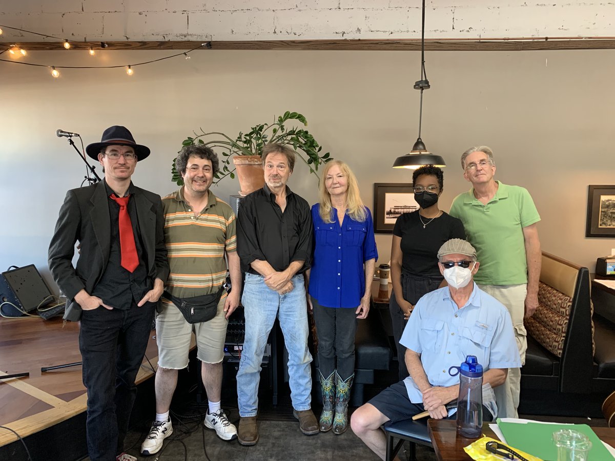 This lovely bunch of folks (me, Joe, John, Kim, Ava, Billy, Don, and [offscreen] Mike) helped raise a nice pretzel bucket full of donations for Maryland Foodbank at the Aug 13 #musicmatters showcase at OCA Mocha in #catonsville.  #livemusic #singersongwriter #folkmusic