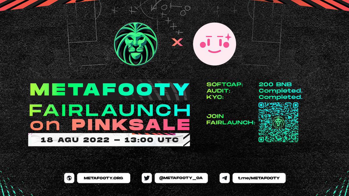 MetaFooty_OA's tweet photo. ⚽️ METAFOOTY Presale fairlaunch is coming on August 18th🚀🚀🚀

$MFY Presale fairlaunch details :
⏰ Time : 13:00 UTC 18th August
⭐️ Platform : Pinksale
⚽️Sc: 200bnb
🚀KYC AND AUDIT 
🍀Low Tax 6%

PINKSALE: https://t.co/fz8ZOhWQgN

Get yourself ready for the most hyped project 🚀 https://t.co/jSBzlTvKpS
