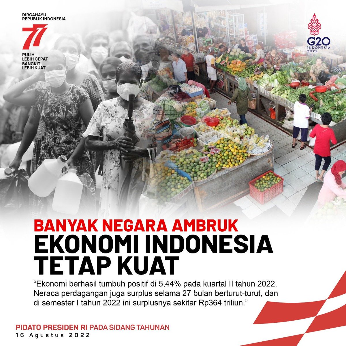 Indonesia mampu hadapi tantangan dunia.

Pandemi terkendali, ekonomi berhasil tumbuh positif. ✨

#PidatoPresiden2022 
#pulihlebihcepat #bangkitlebihkuat