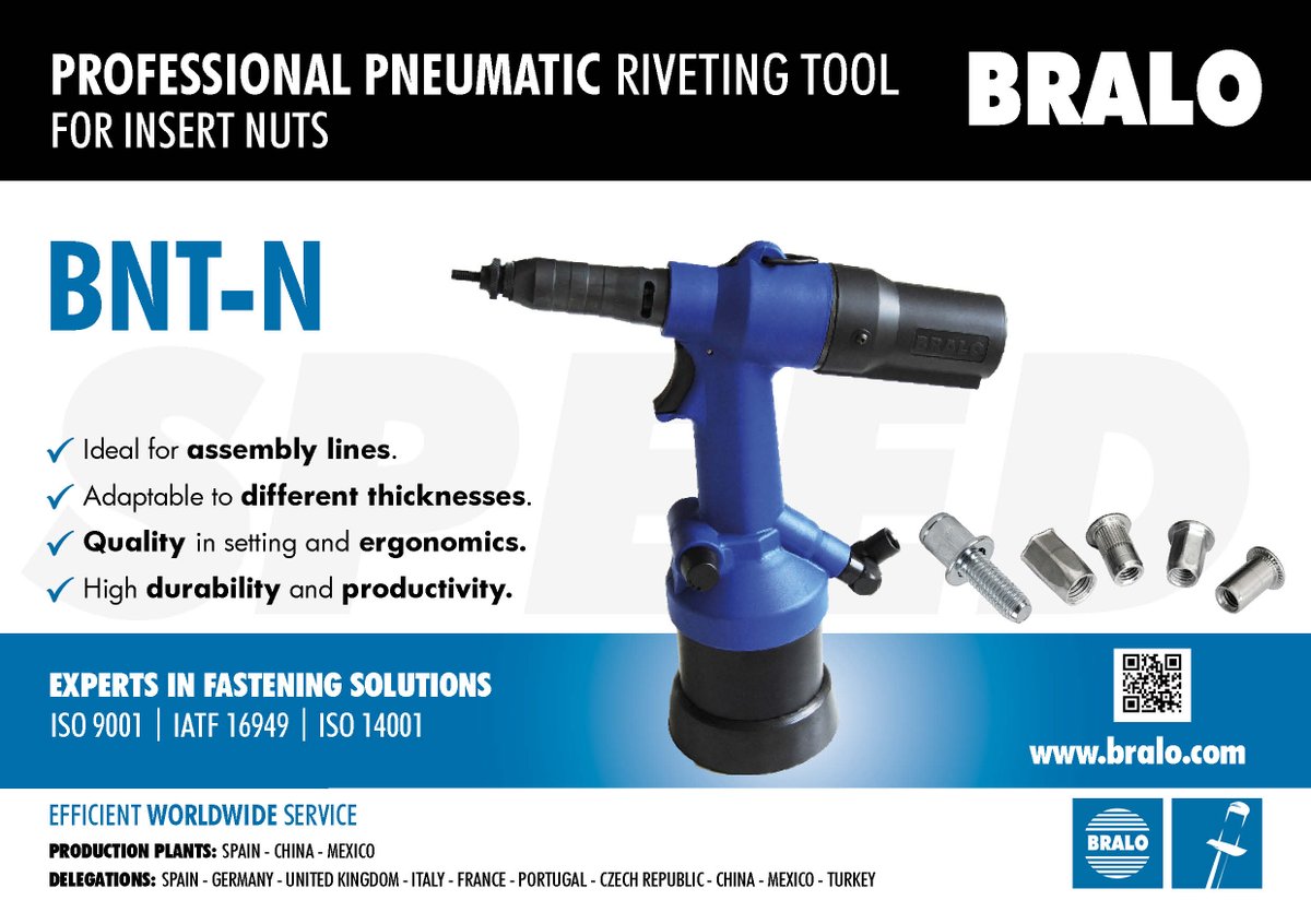 BRALO_es's tweet image. Meet the Pneumatic #Riveter for #insertnuts of @BRALO_es, high RELIABILITY and FAST. BNT-N is designed for professionals on assembly lines in #automotive industry, #airconditioning, #HVAC, #fencing and #elevation systems #lifts sectors.bit.ly/3JX3Nd2