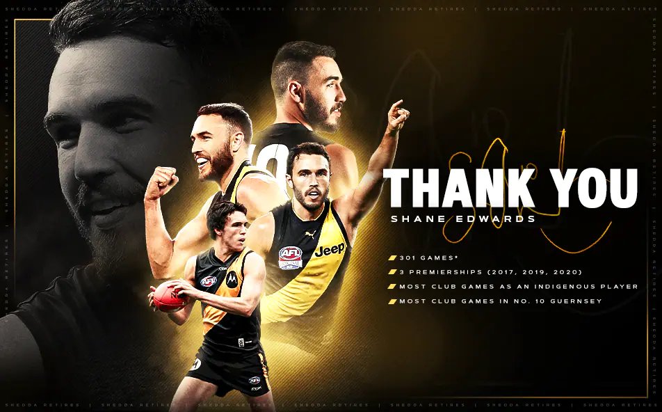 RichmondFCSZN's tweet photo. Shane Edwards has called time on his career at seasons end. #Shedda #ShaneEdwards #Thankyoushedda 🖤💛
🐯- Pick 26, 2006 draft 
🐯- 301* games 
🐯- 186* goals 
🐯- 3 time premiership player*
🐯- 2018 all Australian
🐯- 17 career Brownlow votes* https://t.co/gT36PMcu9N