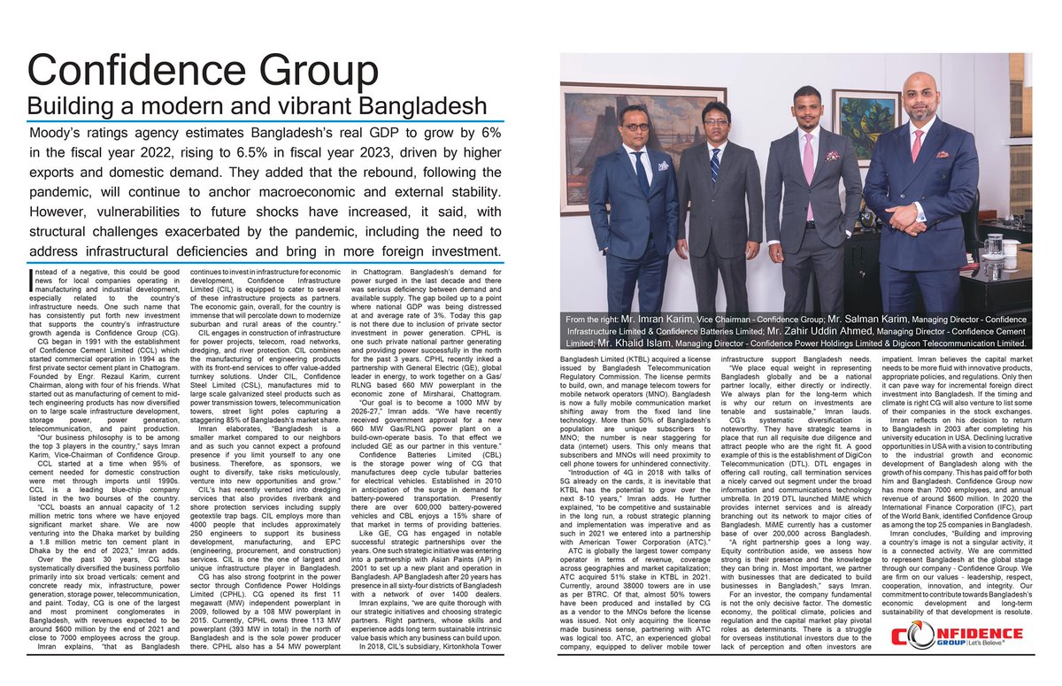 ConfidenceGrp's tweet photo. We are happy to announce that Confidence Group has been featured on Newsweek Magazine in their July 2022 issues as one of the leading companies from Bangladesh.
https://t.co/lYQGOZVoAh... #Newsweek #LetsBelieve #ConfidenceGroup #Infrastructure
#PowerGeneration
#telecommunications https://t.co/KZhBeuMJns