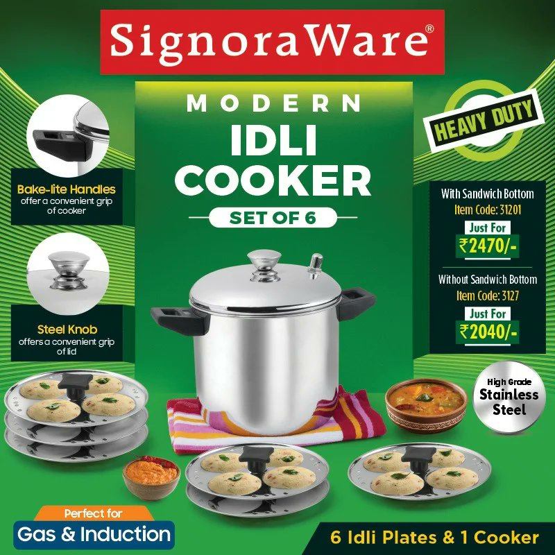 SignoraWare's tweet photo. When your family asks to make delicious Idlis at home only

Idli Cooker (Set of 6) is the right answer

#signoraware #modernidlicooker #idlicooker #steelcooker #cooker #idli #sandwichbottom #gas #inductioncooker #safe #easytouse https://t.co/AGnP1vuKg1