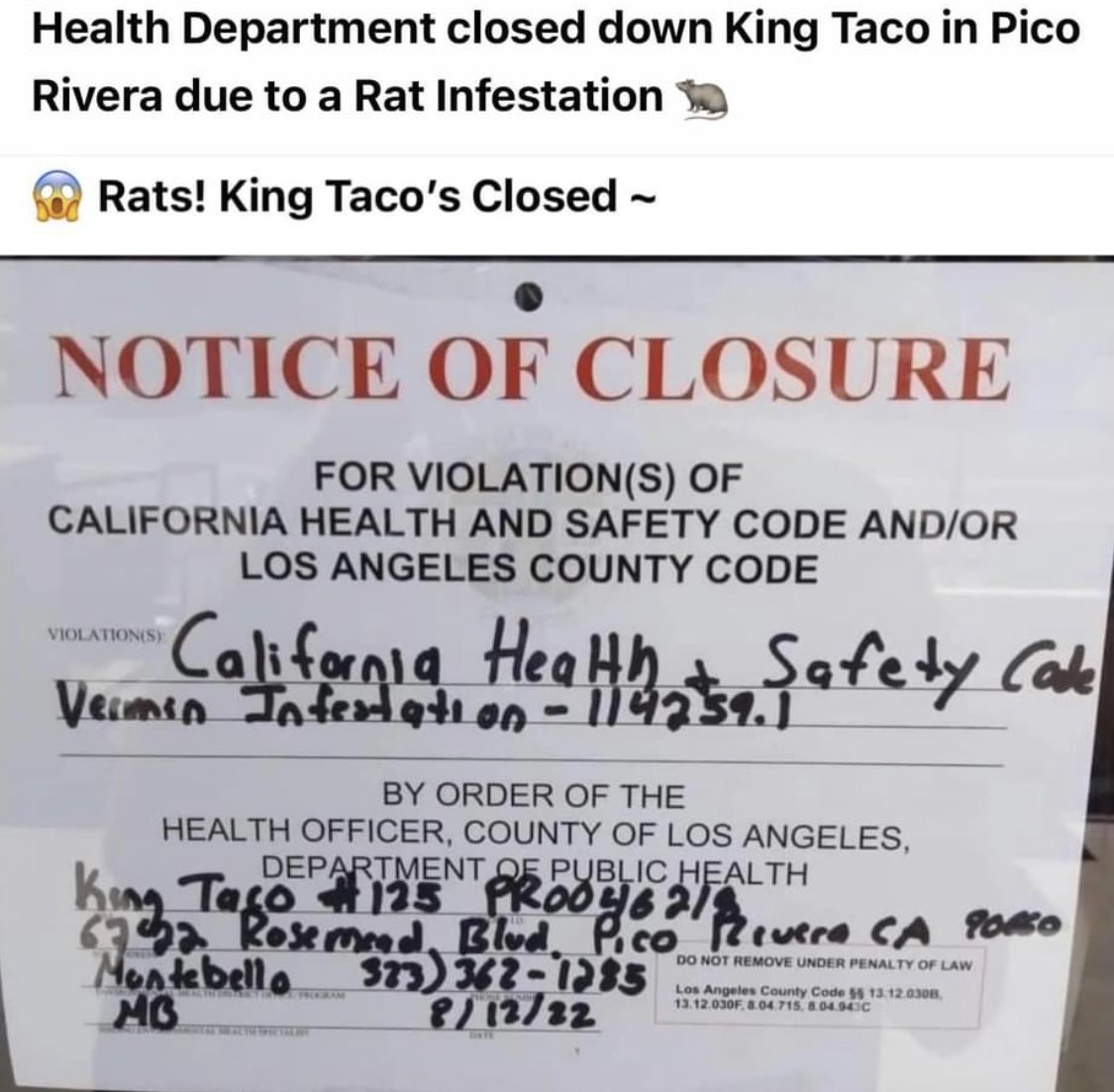 Laremixtv's tweet photo. King taco in pico Rivera closed down due to a rat infestation 🤢🤢 https://t.co/0EM5S00NyD