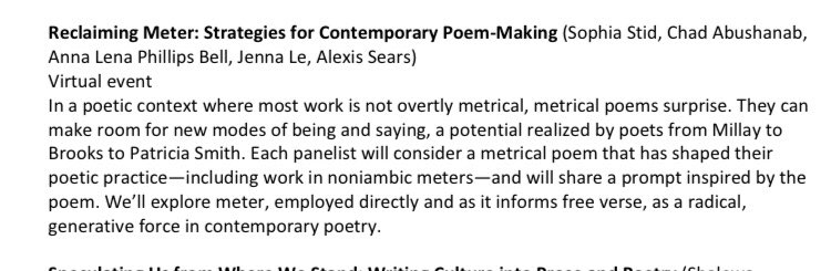 Woo! I’m going to be on a panel at AWP 2023 with <a href="/chad_abushanab/">Just Regular Chad Abushanab™</a> , <a href="/aproflection/">Anna Lena @aproflection.bsky.social</a> , Jenna Lê, and Sophia Stid! See you in Seattle 😎
