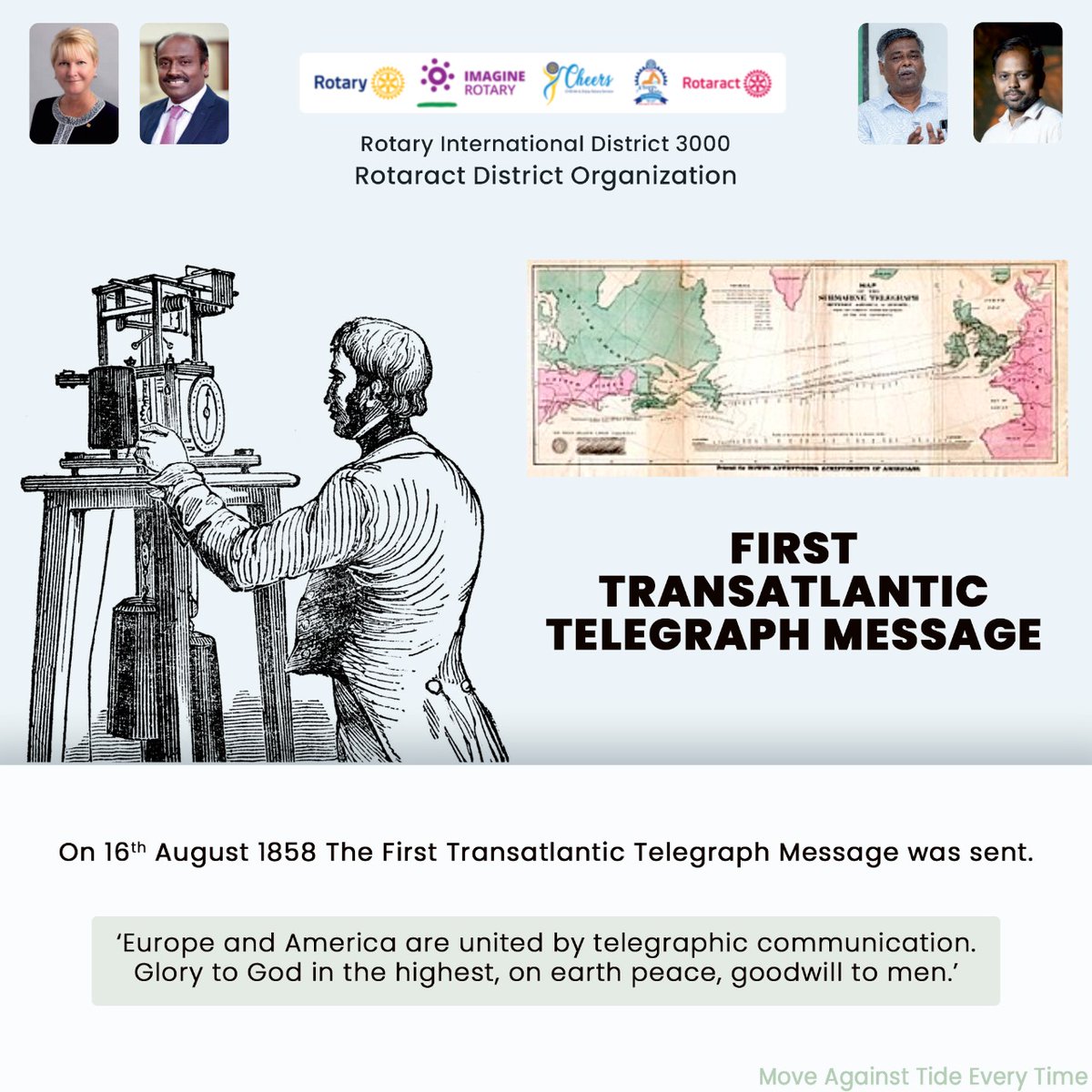 3000Rotaract's tweet photo. “Things work out best for those who make the best of how things work out.” - John Wooden

On this day in history!

1858 The First Transatlantic Telegraph Message was sent.

Yours in Rotaract Service
Rtr T Manikandan
District Rotaract Representative
RID 3000 https://t.co/mu25DgiM4M