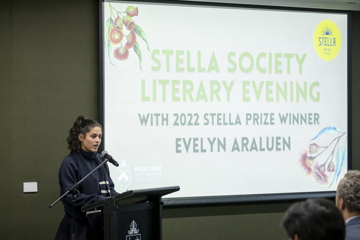 MGGS_SouthYarra's tweet photo. It was terrific to have 2022 @TheStellaPrize Winner &amp; 'Dropbear' author @evelynaraluen as our special guest for the 2022 Stella Society Literary Evening.

Evelyn shared her journey to becoming a writer. Members of the Stella Society also shared their interpretations of her poems. https://t.co/uxJf6By4Ud