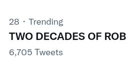"TWO DECADES OF ROB" is now trending #28 spot with 6,705 tweets.

#HappyBirthdayRob