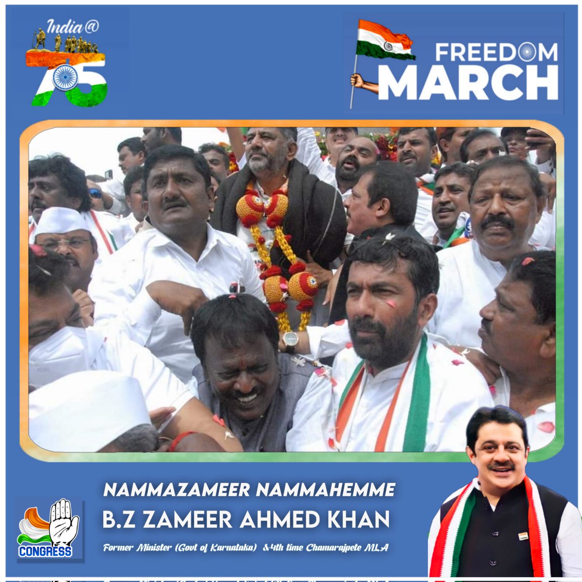 Respected former Minister & 4th time Chamarajpet MLA @BZZameerAhmedK Participated in Historic #FREEDOMMARCH From Sangolli Rayanna Circle to National Grounds on the Occasion of #75yearsofindependence ,which was Organised @INCKarnataka 
.