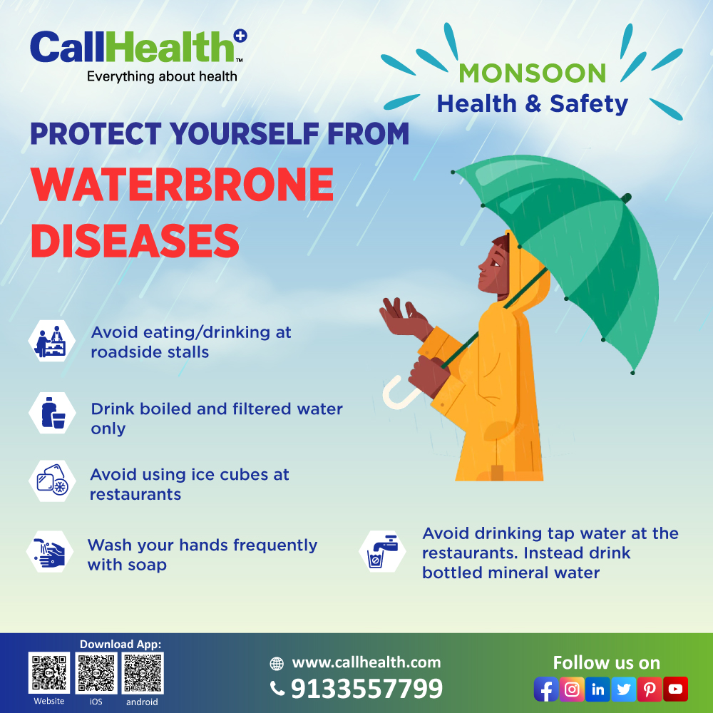 CallHealthIndia's tweet photo. The rate of waterborne diseases such as Cholera, Typhoid, Hepatitis A and Diarrhoea are high during monsoon season. To stay safe and disease free, follow these few easy tips.
#CallHealth #monsoon #rains #seasonal #rainyseason #waterborne #diseases #water #health #services https://t.co/JkW8Xw6uJp