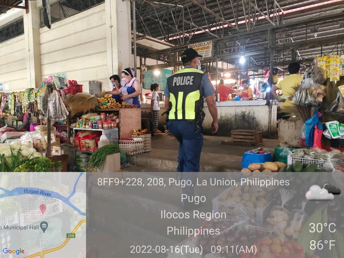 pugomps's tweet photo. On August 16, 2022, personnel of Pugo MPS under the supervision of PMAJ BERNEBAE P GALLARDO, ACOP, continuously conducting police presence at Pugo Public Market https://t.co/shEI2oz5oq