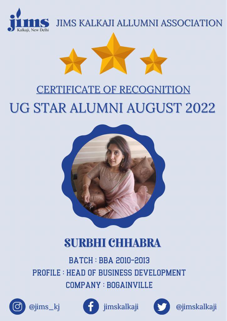 jimskalkaji's tweet photo. UG STAR ALUMNI OF THE MONTH:
Surbhi Chhabra
BBA 2010-2013
#proud #jimskj #ggsipu #staralumni #testimonials #certificate #recognition https://t.co/JFXJIoaR40