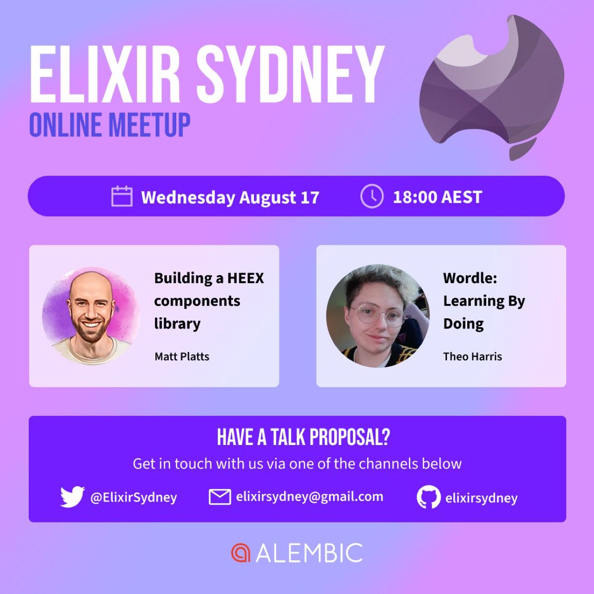 Elixir Sydney (@elixirsydney) on Twitter photo Elixir Sydney 🇦🇺 online meetup! Wed 17 August at 6pm AEST on Zoom.
📚 Building a HEEX components library - <a href="/mplatts/">Matt Platts</a>
🔠 Wordle: Learning by Doing - @dino_coder
📨 {:rsvp, meetup.com/elixir-sydney/…}
#myelixirstatus Elixir Sydney 🇦🇺 online meetup! Wed 17 August at 6pm AEST on Zoom.
📚 Building a HEEX components library - <a href="/mplatts/">Matt Platts</a>
🔠 Wordle: Learning by Doing - @dino_coder
📨 {:rsvp, meetup.com/elixir-sydney/…}
#myelixirstatus