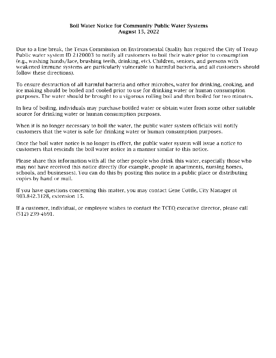 TroupTexas's tweet photo. Due to a line break, the Texas Commission on Environmental Quality has required the City of Troup Public water system ID 2120003 to notify all customers to boil their water prior to consumption (e.g., washing hands/face, brushing teeth, drinking, etc). https://t.co/Ln4wEApX6O