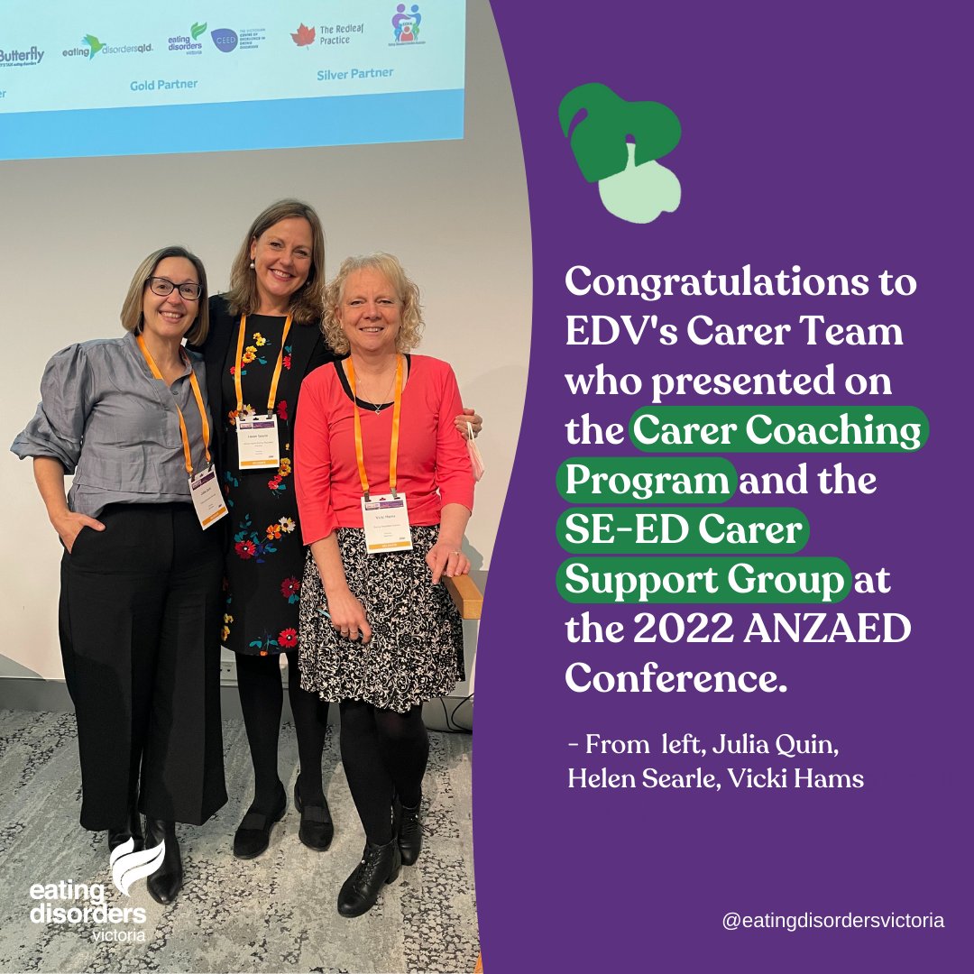 ED_Victoria's tweet photo. So thrilled for our Carer team who presented at the @ANZAED1 conference over the weekend! Our Carer Coaching Program and SE-ED Carer Support Group  are transformative initiatives for #eatingdisoder carers in Vic💜#ANZAED2022 Learn more at https://t.co/LVwQDZFFRB https://t.co/GlLY8CSetT