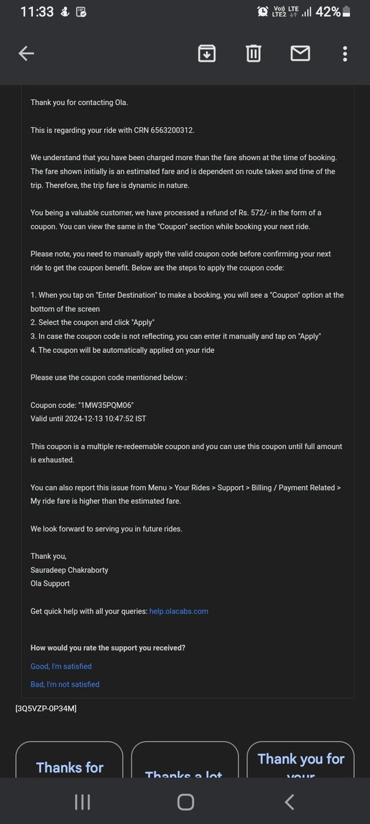 urja_narayan's tweet photo. @ola_supports Thank you for speedy resolution of this issue after tweeting. Please kindly make sure just writing an email is sufficient and customers don't have to resort to Twitter every time for the tiniest of issues. Appreciate your help in this matter! https://t.co/YVvPIknTfL