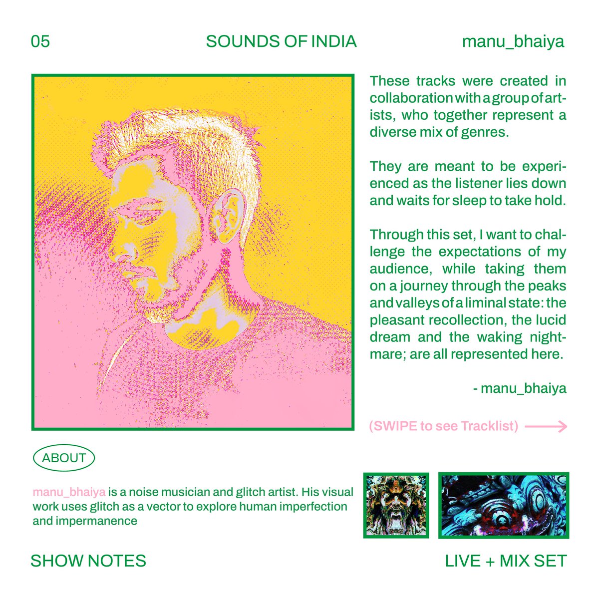 onnocollective's tweet photo. ✶ TODAY ✶ Sounds of India with ONNO 05 - manu_bhaiya on @listen_camp ✶ 

Timings: 16.08.2022 (Tuesday)// 12-1pm (CEST) × 3:30-4:30pm (IST)

Tune to - https://t.co/dYqHHbN4Lc today to listen to an hour long live + mix set by India-based A/V artist manu_bhaiya ✨ https://t.co/F2pA1zO778
