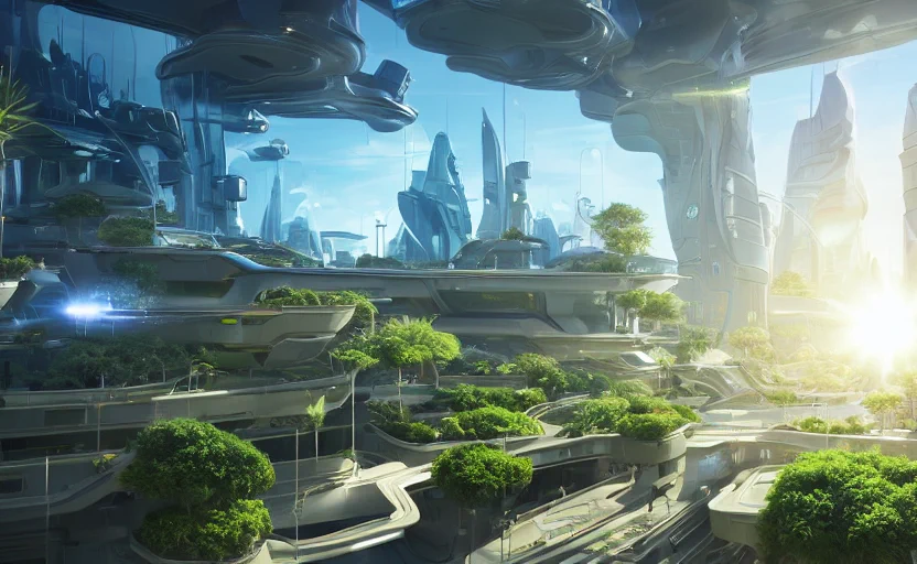 A_futuristic_city_with_plants_growing_and_ships_are_flying_in_the_air._daylight._sunlight._lens_flare._light_fixtures._8K._detailed._photor_-W_832_-C_10.0_-n_6_-i_-S_3203328533