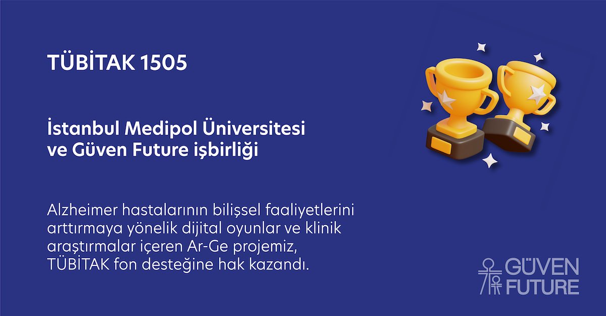 Güven Future ve İstanbul Medipol Üniversitesi işbirliği ile Alzheimer hastalarına yönelik bilişsel faaliyeti artıran dijital oyun  ile klinik araştırmalar içeren Ar-Ge projemiz, TÜBİTAK Üniversite ve Sanayi İş Birliği kapsamında fon desteğine hak kazandı🏆 <a href="/GntknB/">Bahar Güntekin</a> <a href="/medipolunv/">Medipol Üniversitesi</a>