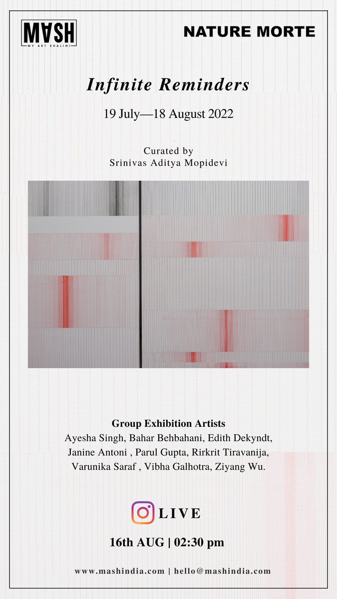 mash_india's tweet photo. Catch us Live today at 2:30pm!
https://t.co/4mpn3oRIME 
from Nature Morte (@naturemorte) , New Delhi.

#MASHLive #MASHIndia #instagramlive #artexhibition  #art #artlive #16thAugust #infinite #ContemporaryArt https://t.co/23HYYdxs4G