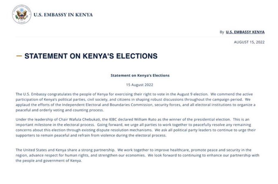 US Embassy lauds IEBC, Chebukati for orderly polls; urges those aggrieved to address concerns through legal mechanisms. #KenyaDecides2022