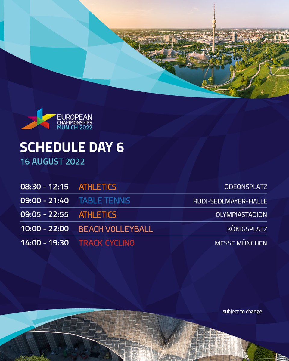ECMunich2022's tweet photo. The table is set for day 6 of the European Championships #Munich2022. 
🎟 https://t.co/h6bEAblobs
__________

Es ist angerichtet. Hier kommt Tag 6 der European Championships Munich 2022. #BackToTheRoofs
🎟 https://t.co/16mtAX0Ulp

@euro_champs @olympiapark https://t.co/E8l6ROTCCY