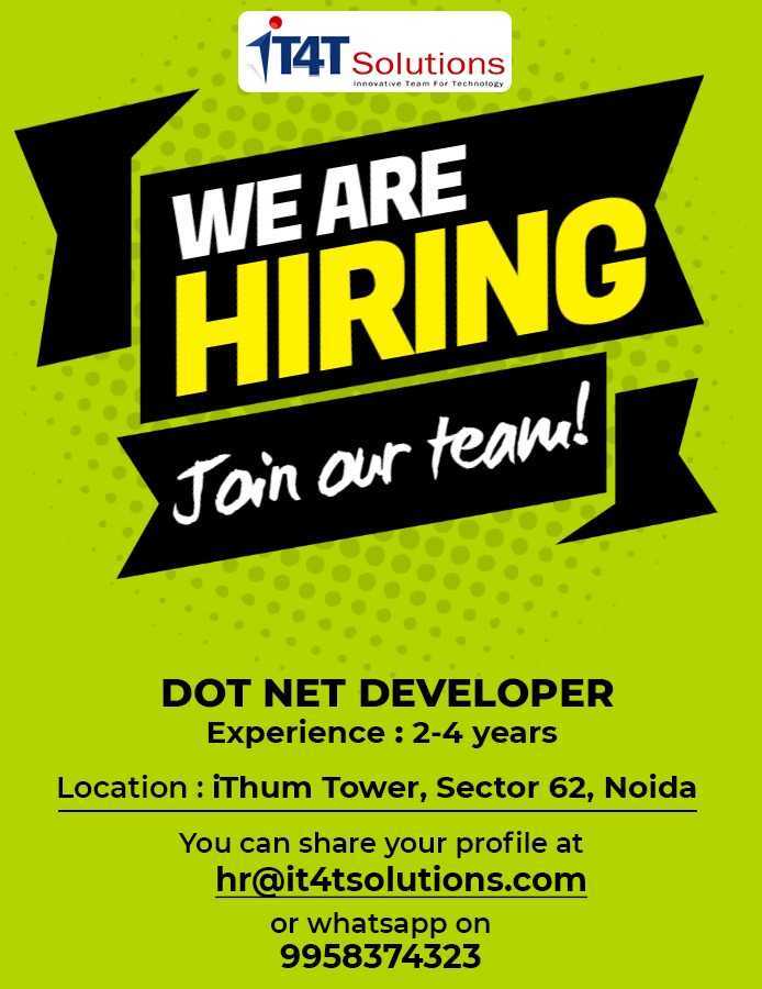 it4tsolutions's tweet image. *** Hiring Alert ***
IT4T Solutions is hiring DOT NET Developer!!
If you are interested, share your resume at hr@it4tsolutions.com or WhatsApp on 9958374323.
#dotnet #dotnetdeveloper #dotnet2022 #dotnetdeveloper2022 #softwaredeveloper #hiring #urgenthiring #hiringalert #software