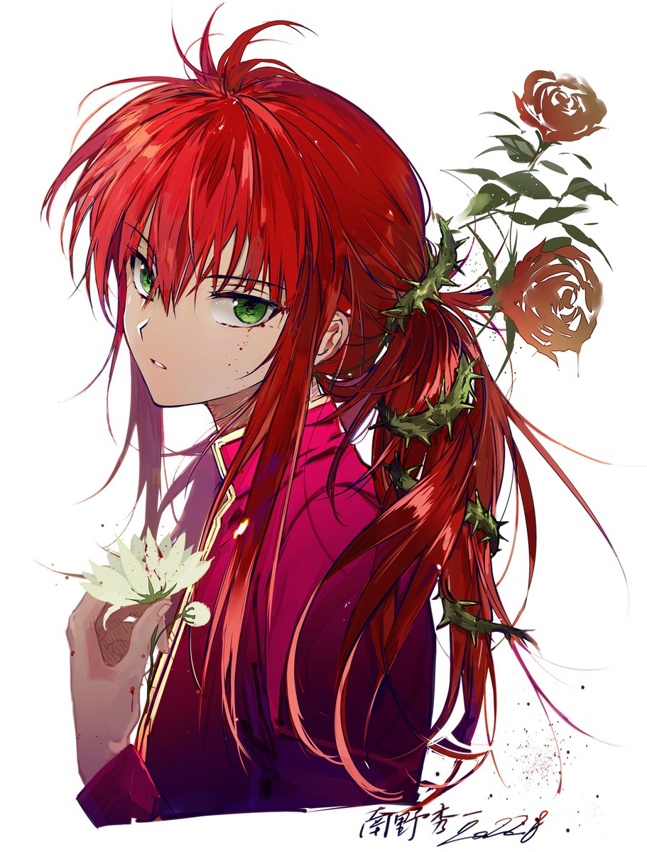 flower 1boy solo male focus green eyes red hair long hair  illustration images