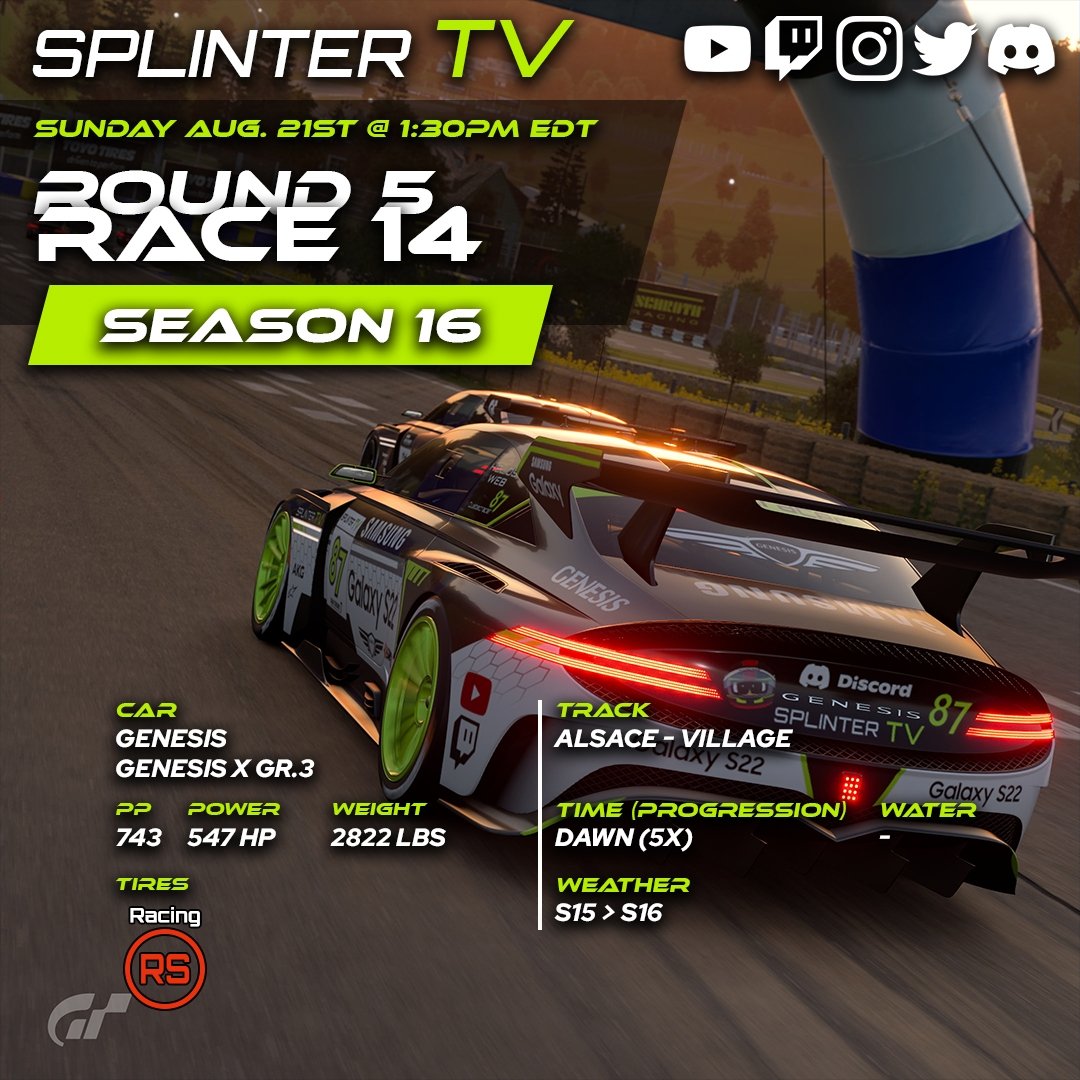 SPLINTERSERIES's tweet photo. The #SeasonFinale is next! The 16th season of the #SPLINTERSERIES concludes with #NEWGT3 cars! Well sorta new!

RACE 13 #Ford #GT
RACE 14 #Genesis #GT3
RACE 15 #Audi #R8LMS #Evo

#granturismo7 #gt7 #GranTurismo #simracer #simracingteam #simracers #Simracing #racinggames #ps4 #ps5 https://t.co/WFhXj2TytM