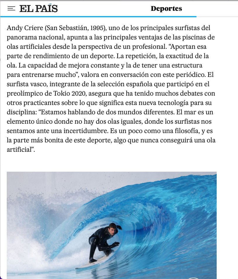 wavegarden's tweet photo. Gracias por hablar de nuestro proyecto @el_pais @_guillealvarez 

#wavegarden #parquedesurf #innovación #tecnología https://t.co/uWQm8Q0w0s