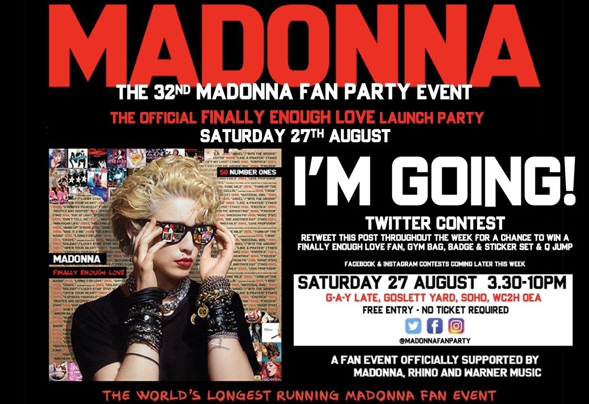 I’m going! The 32nd Madonna Fan Party is on Sat 27th Aug, 3.30pm to 10pm, free entry, no ticket required. For a chance to win a #FinallyEnoughLove promo pack and Q jump, retweet / quote tweet this as many times as you like during the next week #Madonna #MadonnaFanParty <a href="/Madonna/">Madonna</a>