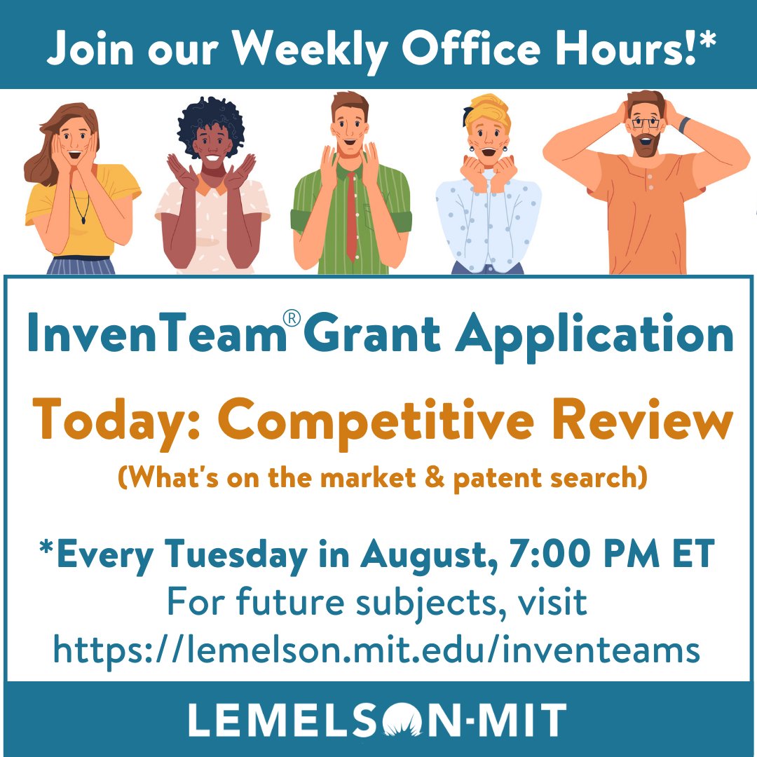 LemelsonMIT's tweet photo. InvenTeam Grant Application office hours focus on a different subject each week. Join to learn more, ask questions and get started! 
Today,7:00PM ET; Get zoom link here: https://t.co/P8Sowbx9FR 

#inventioneducation #lemelson-mit #stemgrant #inventeams2023 #highschoolgrant https://t.co/wwVKm6BrRx