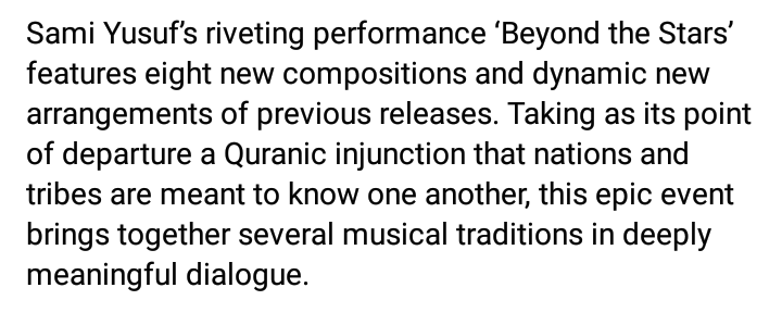 RumaanHashmi's tweet photo. (https://t.co/imLOtPM1EP)
🌟beyond the stars 🌟 #3Mviews for this extraordinary fascinating dazzling live concert on #YouTube 🤗.
incomparable, melodious mesmerizing masterpieces beautiful presented, masterfully performed by my brilliant talented artist 💛🙏
@SamiYusuf 💐 https://t.co/uzRb4YaPGK