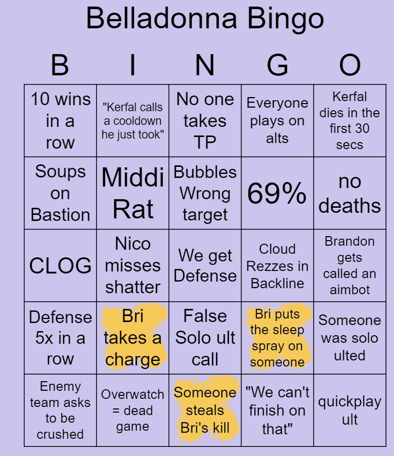 DameSabriel's tweet photo. My Overwatch team, @BelladonnaGG, has made ourselves a BINGO card to entertain ourselves while playing.

Many of these would be nonsensical to the outside world, but I share because it makes me laugh. https://t.co/5SByTn1HYd
