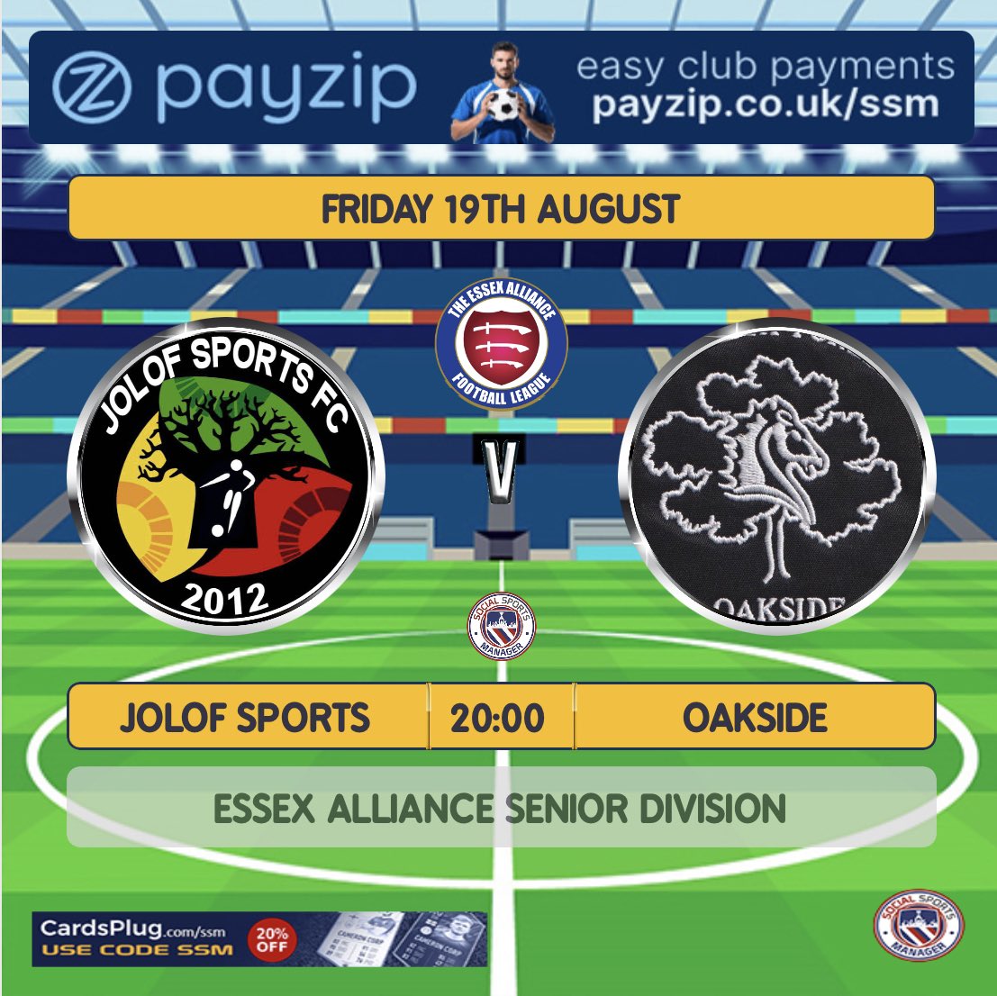 Next up! Attention turns to Friday night football under the lights in another away game against tough opposition. Come on down and support the boys. 

🗓 Friday 19th August
🆚 <a href="/JolofsportsFc/">JolofSports FC</a> 
⏰ 20:00
📍 Mayesbrook Park, Barking, RM82JR
🎟 £3 admission 
⚽️ <a href="/EssexAllianceFL/">Essex Alliance FL</a>