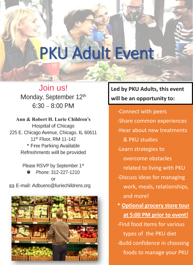 Ann &amp; Robert H. Lurie Children's Hospital is hosting a gathering for PKU adults on September 12th!
conta.cc/3K0JFXG
