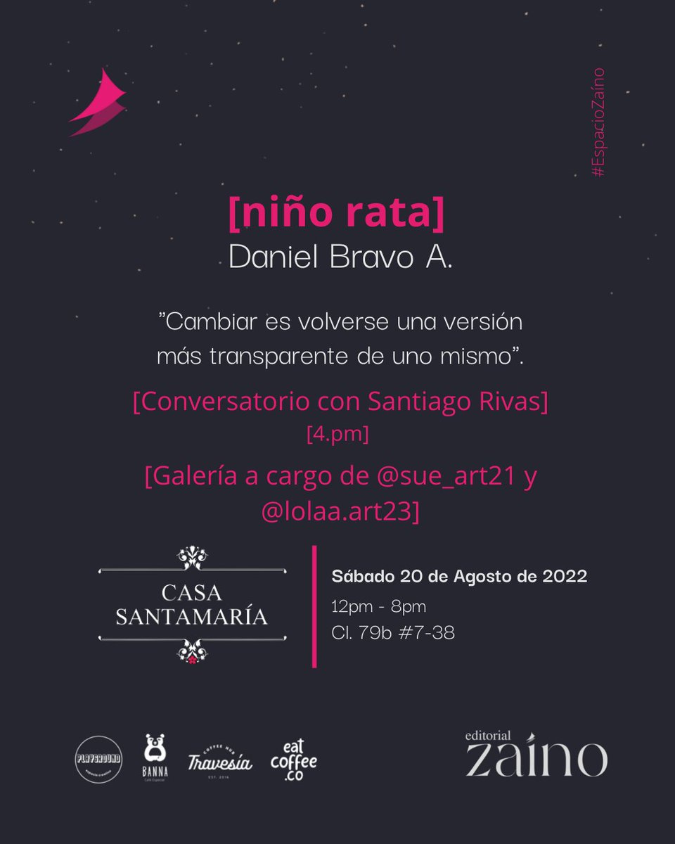 El sábado nos vemos en
<a href="/Casa_Santamaria/">Casa Santamaría</a> con un gran invitado. <a href="/Rivas_Santiago/">Santiago Rivas</a> conversa con <a href="/dbravoandrade/">Daniel Bravo A.</a> sobre [niño rata], literatura y algo más.
Allá nos vemos. 
👋🏽
