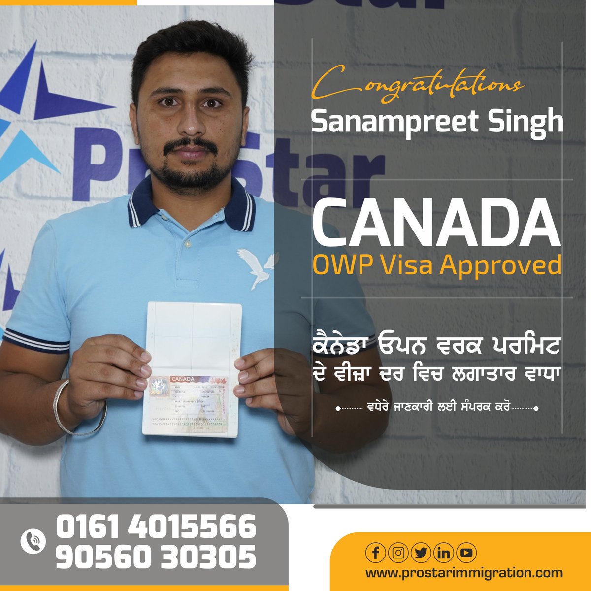 ProStarImmigra1's tweet photo. Heartiest congratulations to our client Sanampreet Singh Brar for receiving CANADIAN open work permit visa.
Contact us soon to get your file assessed for Canada.
Call: 0161 4015566, 90560 30305
#prostarimmigration #OpenWorkPermits #StudentVisas https://t.co/SnsnGCvqrs