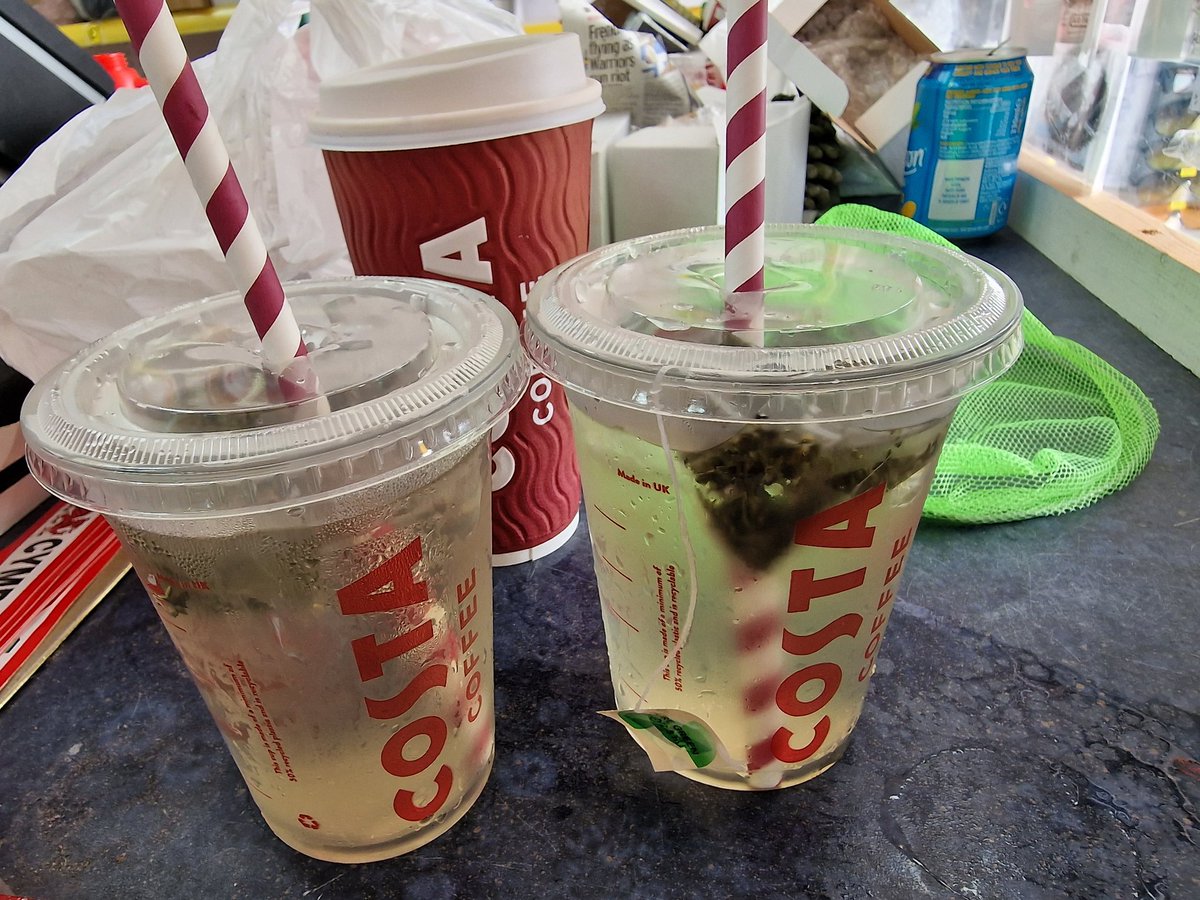 ChrissyRog7's tweet photo. @CostaCoffee we are confused with the way you have made our ice teas... I don't think putting a teabag, cold water and ice is the way to do it? 🤔 is it?🤣🤨🤯 oh and my cheese and pesto panini is lacking cheese and pesto... nice try though 🤣 https://t.co/KusfnVwv2j