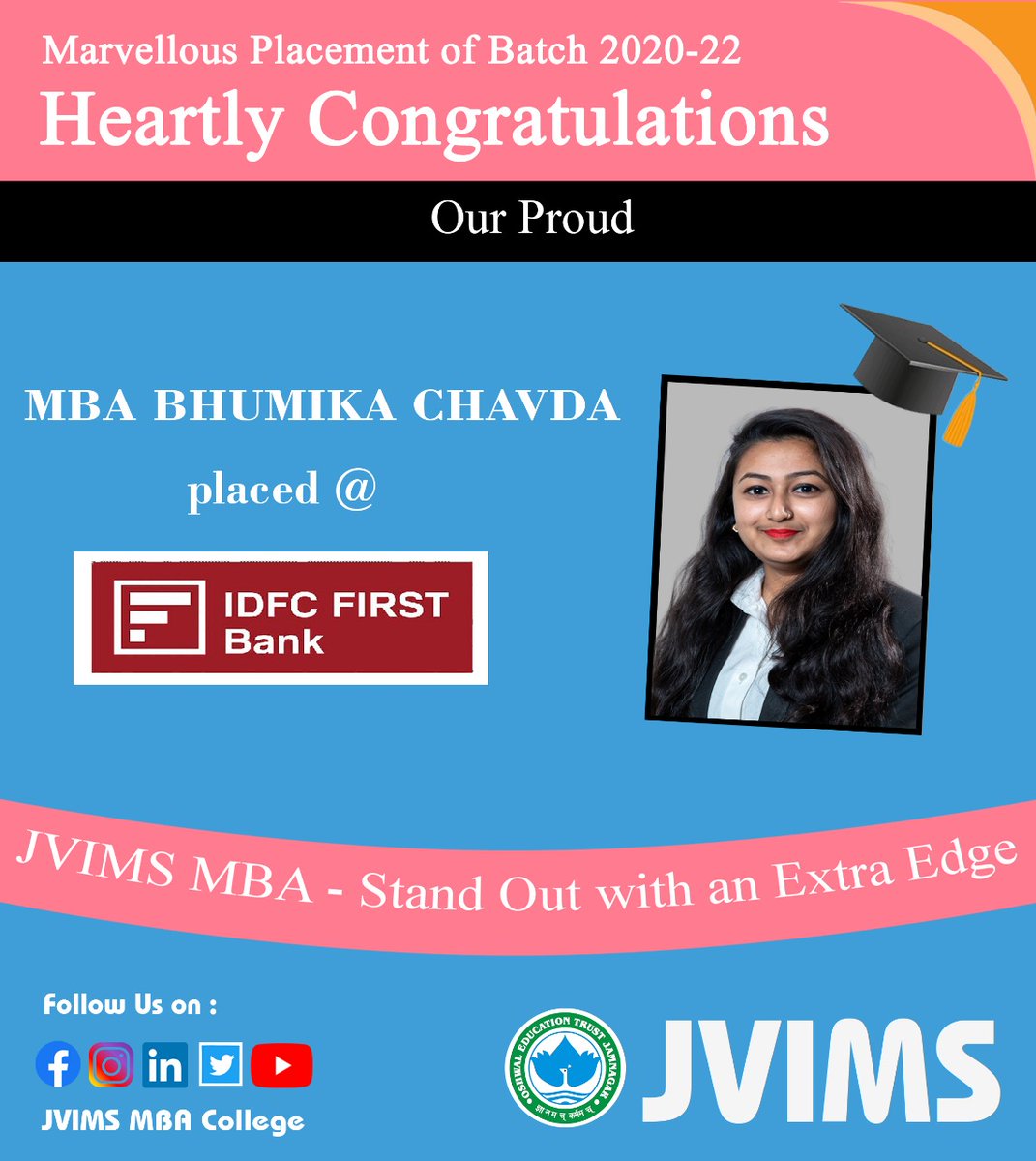jvims_mba's tweet photo. 3 Students from JVIMS MBA Batch 2020-22 are placed...
@ IDFC First Bank
@ ICICI Prudential Life Insurance
#JVIMS #jvimsmba #mba #gtu #OET #placements #placed #campusplacement #highestpackage #job #recruitment #career #growth #managerialpost #management #classof22 #hariacollege https://t.co/M5mcsX8GiB